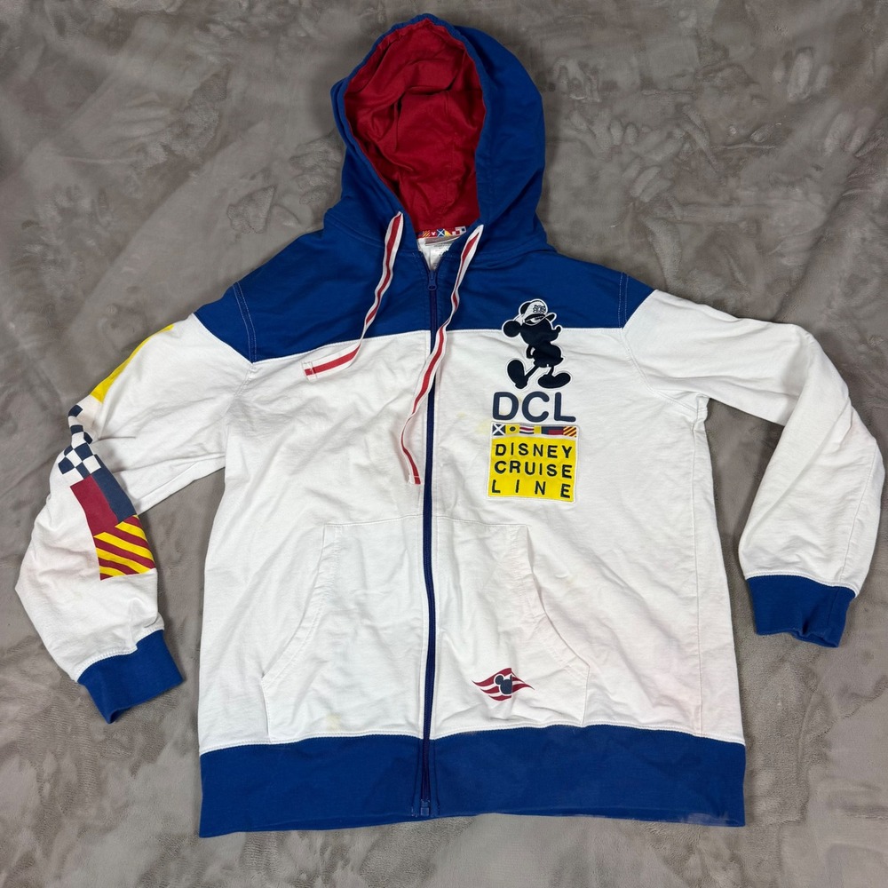 Disney Cruise Line Mens Mickey Mouse Full Zip Hoodie White Blue Large DJ4175